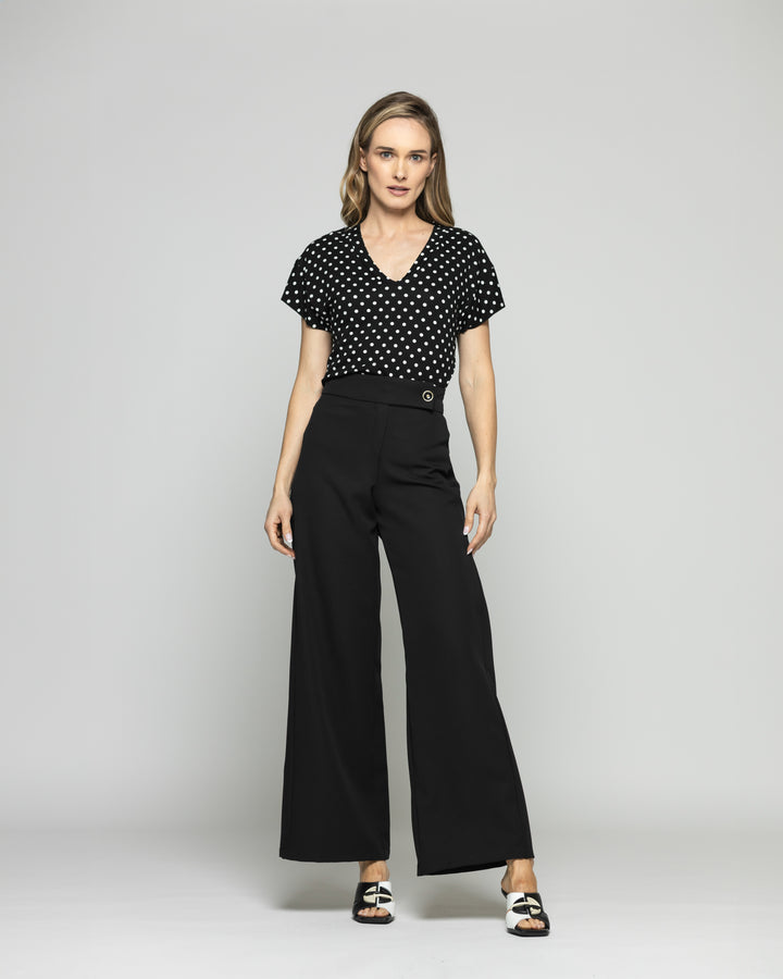 Polera Mujer Monarda Viscosa Manga Corta Lunares Blancos Negra Ludovica