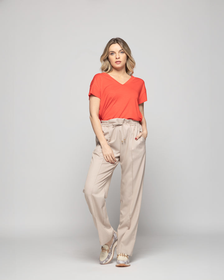 Polera Mujer Muscari Viscosa Manga Corta Escote V Lisa Naranja Ludovica