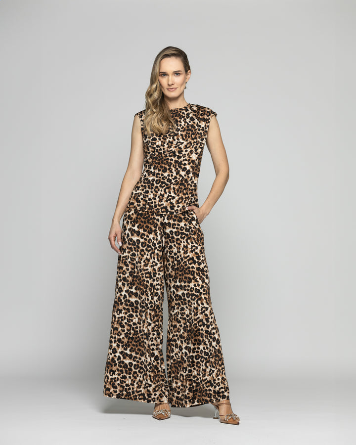 Polera Mujer Manzanilla Sin Mangas Drapeado Hombro Animal Print Café Ludovica