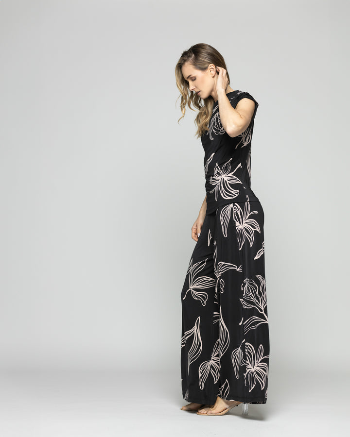 Polera Mujer Manzanilla Sin Mangas Drapeado Hombro Estampado Flores Lineal Negro Ludovica