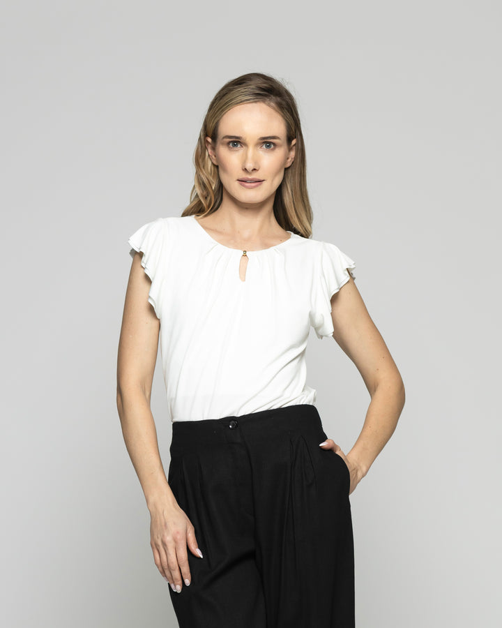 Polera Mujer Nenúfar Escote Redondo Mangas Con Vuelos Blanca Crudo Ludovica