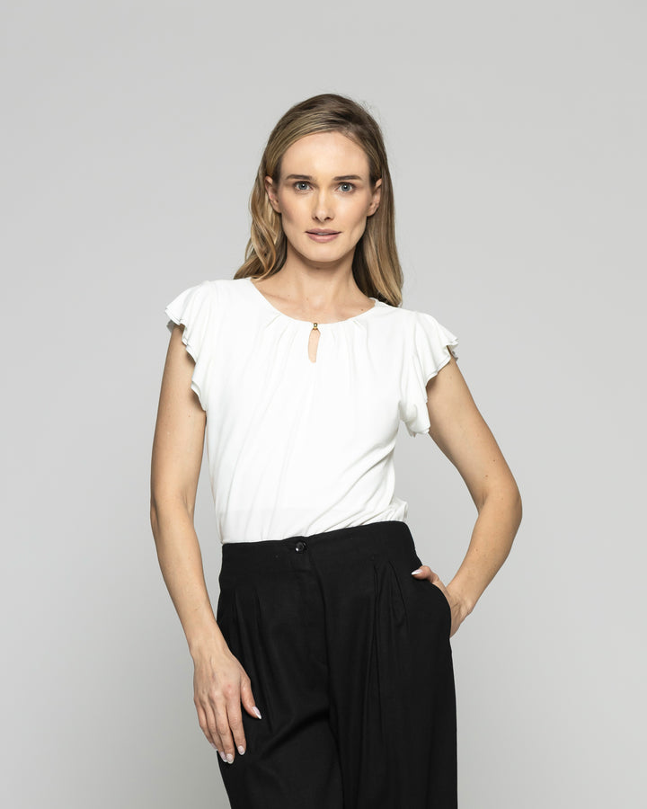 Polera Mujer Nenúfar Escote Redondo Mangas Con Vuelos Blanca Crudo Ludovica