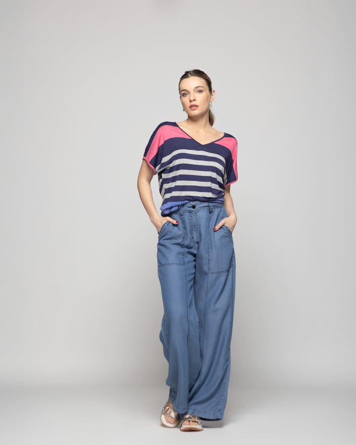 Polera Mujer Nemesia Escote V Manga Corta Rayas Multicolor Ludovica