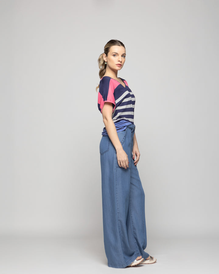 Polera Mujer Nemesia Escote V Manga Corta Rayas Multicolor Ludovica