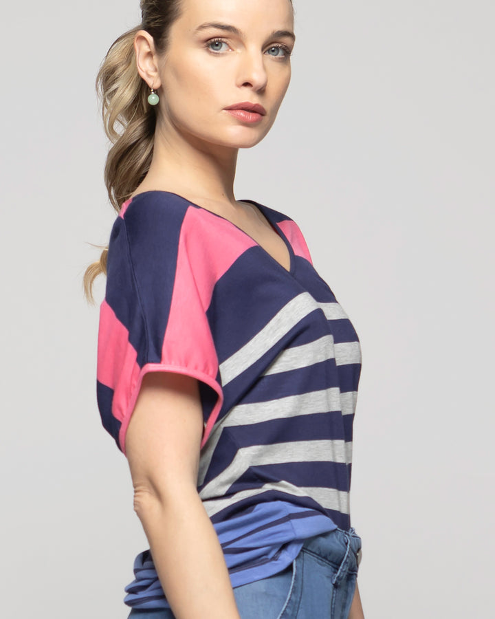 Polera Mujer Nemesia Escote V Manga Corta Rayas Multicolor Ludovica