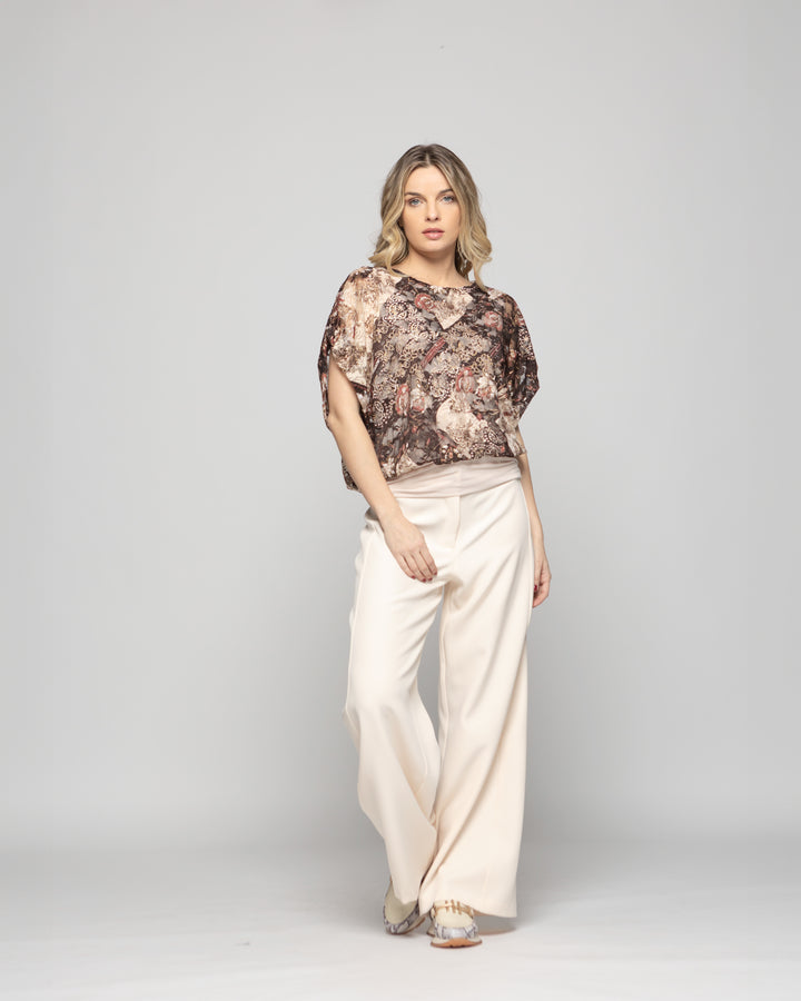 Polera Nigella Manga Caída Encaje Floral Café Chocolate Ludovica