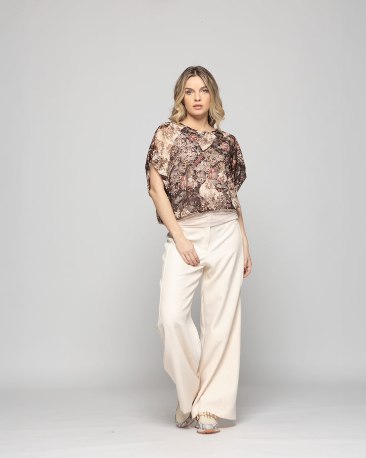 Polera Nigella Manga Caída Encaje Floral Café Chocolate Ludovica