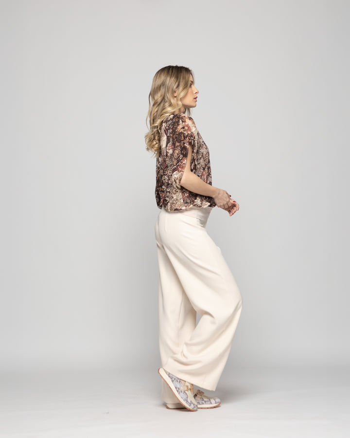 Polera Nigella Manga Caída Encaje Floral Café Chocolate Ludovica