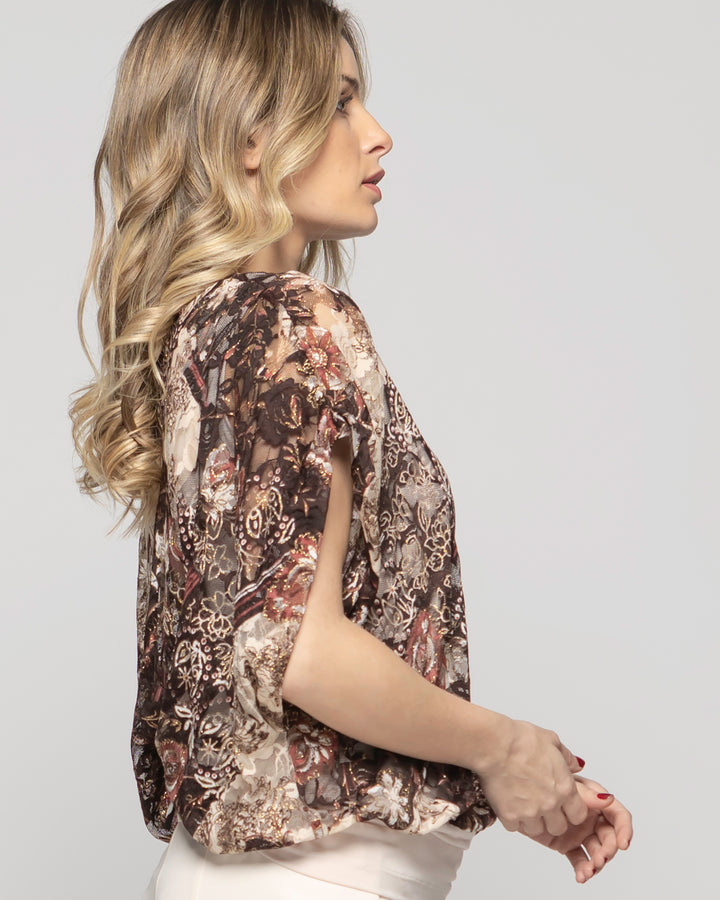 Polera Nigella Manga Caída Encaje Floral Café Chocolate Ludovica