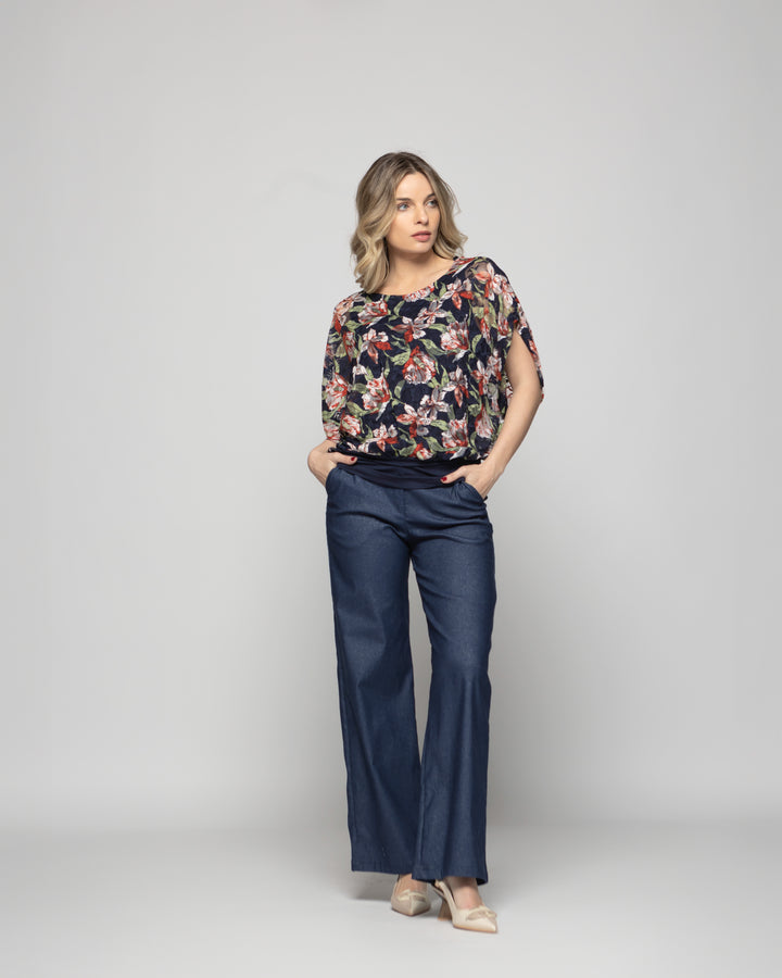 Polera Nigella Manga Caída Encaje Floral Azul Ludovica