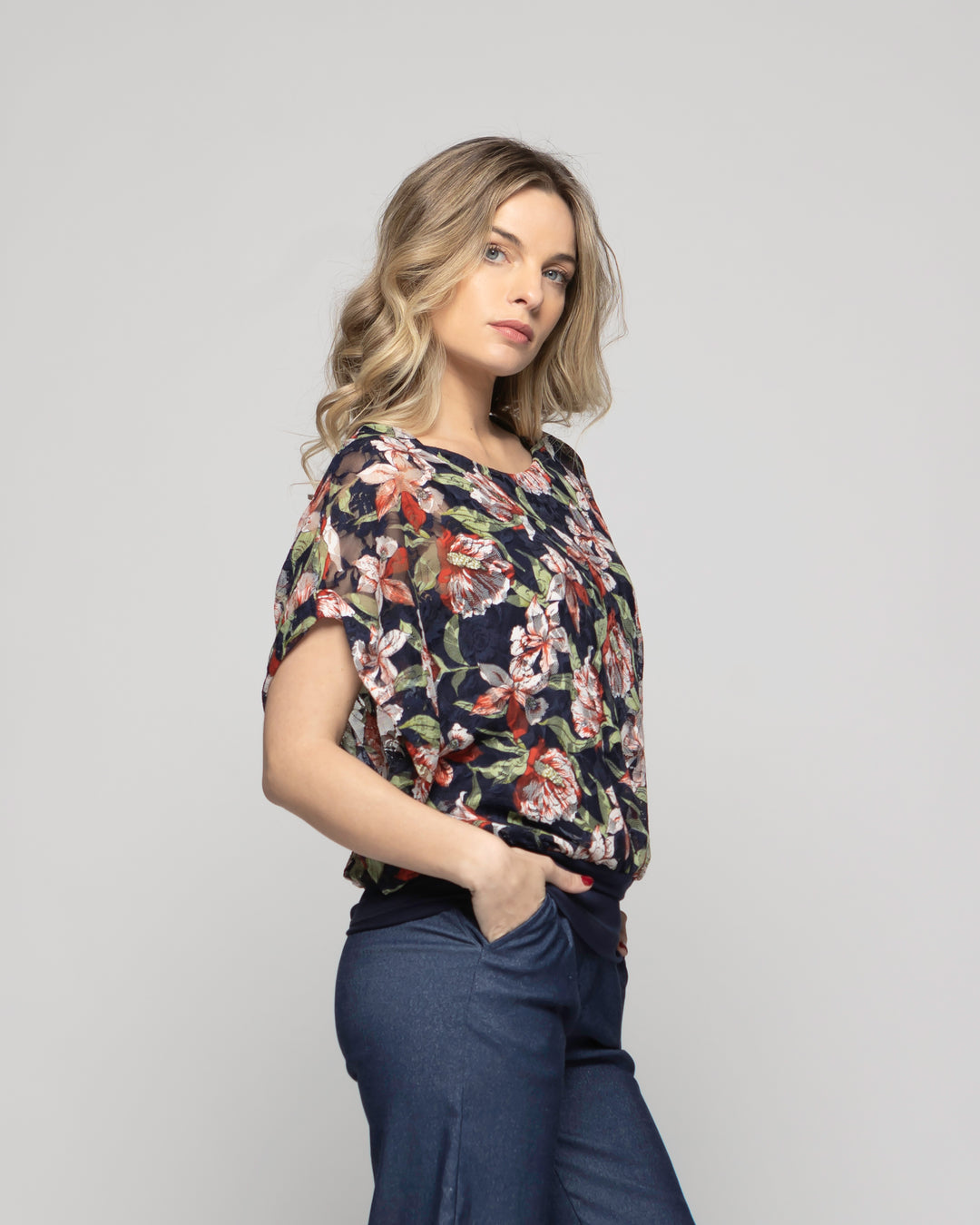 Polera Nigella Manga Caída Encaje Floral Azul Ludovica