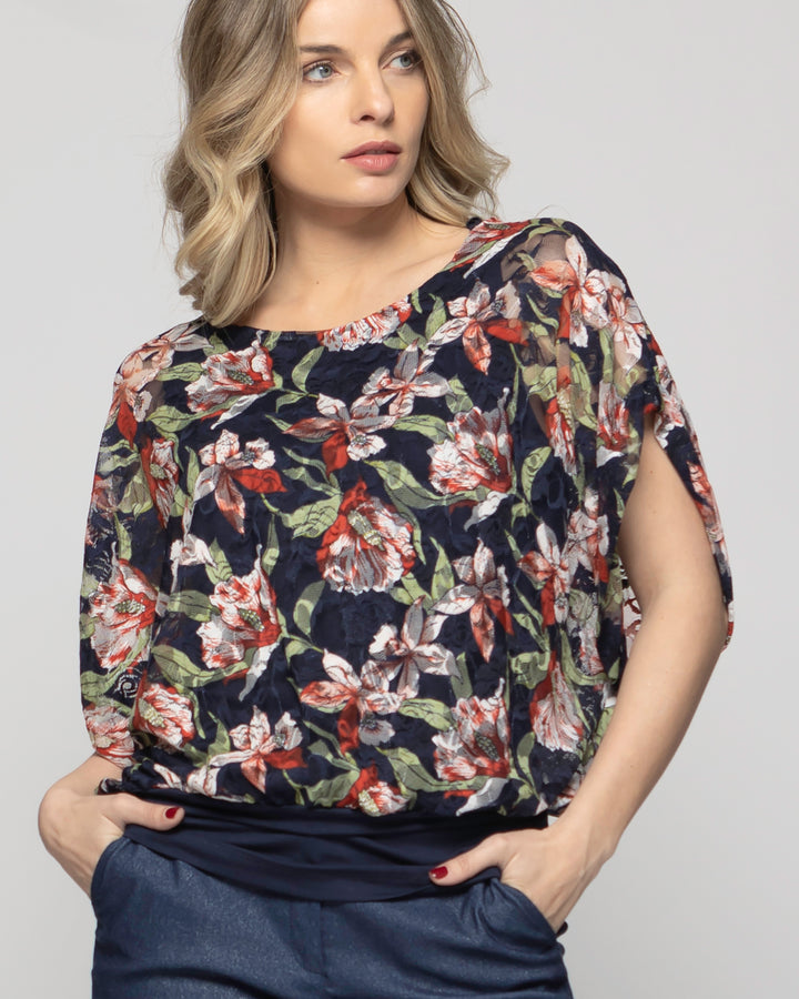 Polera Nigella Manga Caída Encaje Floral Azul Ludovica