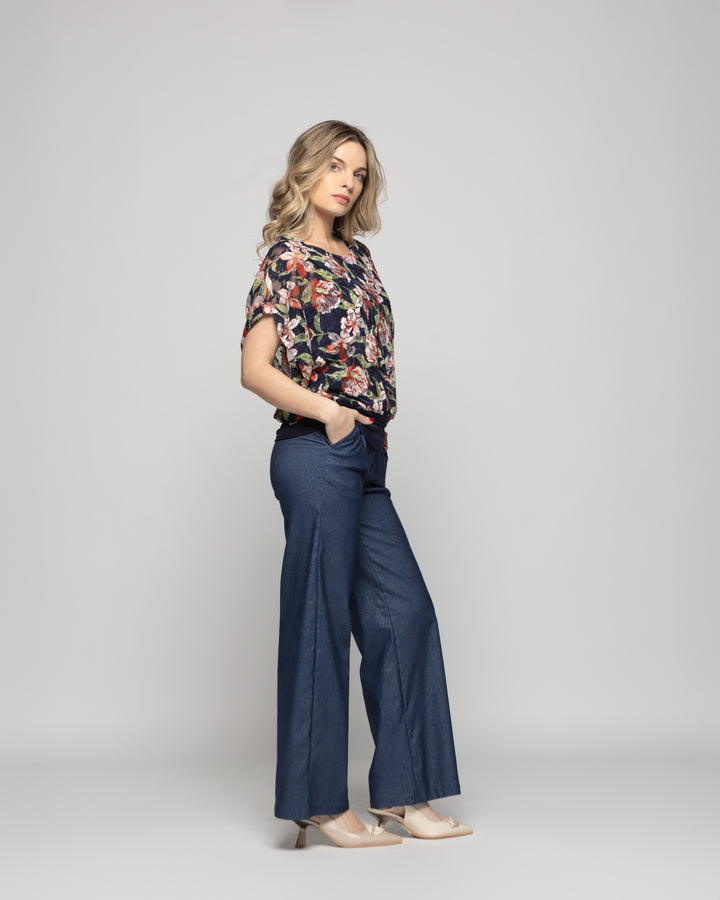 Polera Nigella Manga Caída Encaje Floral Azul Ludovica
