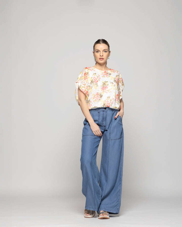 Polera Nigella Manga Caída Encaje Floral Rosado Y Blanco Ludovica