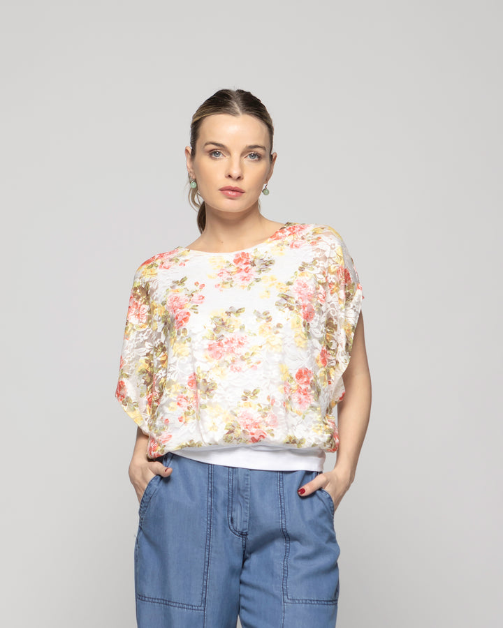 Polera Nigella Manga Caída Encaje Floral Rosado Y Blanco Ludovica