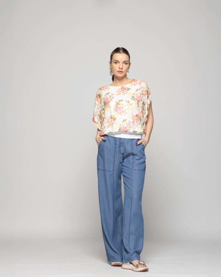 Polera Nigella Manga Caída Encaje Floral Rosado Y Blanco Ludovica
