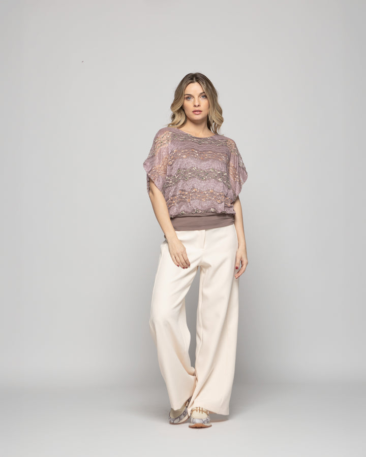 Polera Nigella Manga Caída Encaje Floral Rosado Ludovica