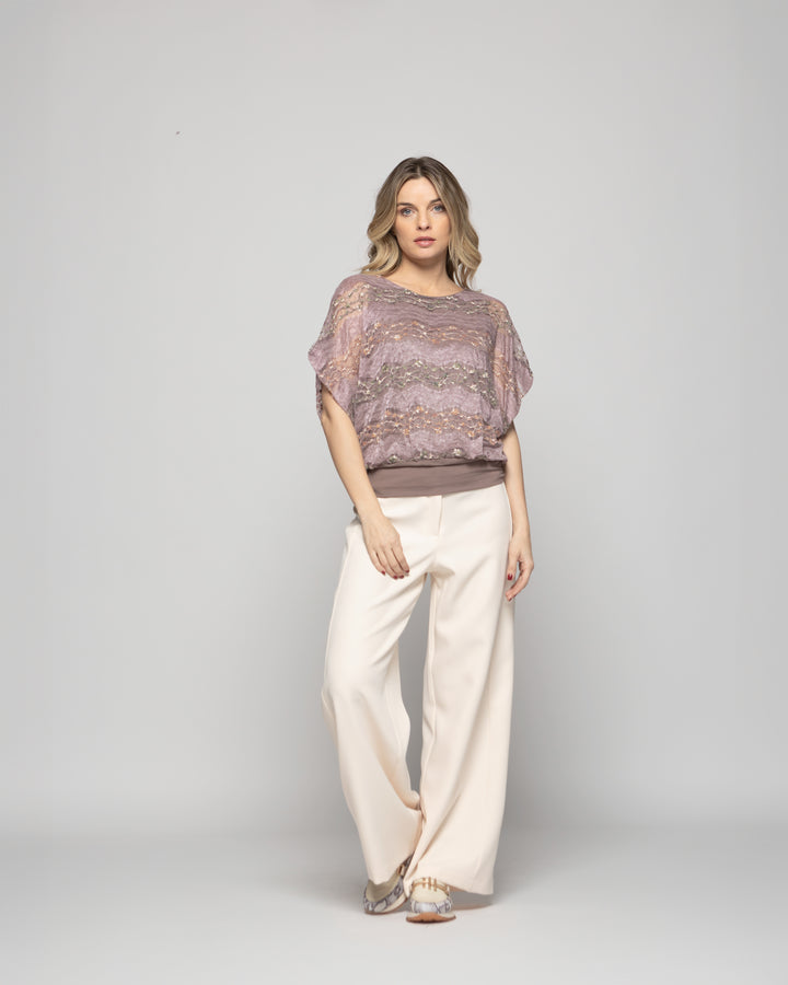 Polera Nigella Manga Caída Encaje Floral Rosado Ludovica