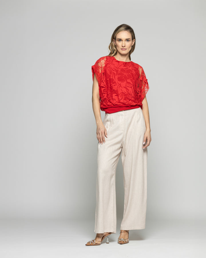 Polera Nigella Manga Caída Encaje Floral Rojo Ludovica