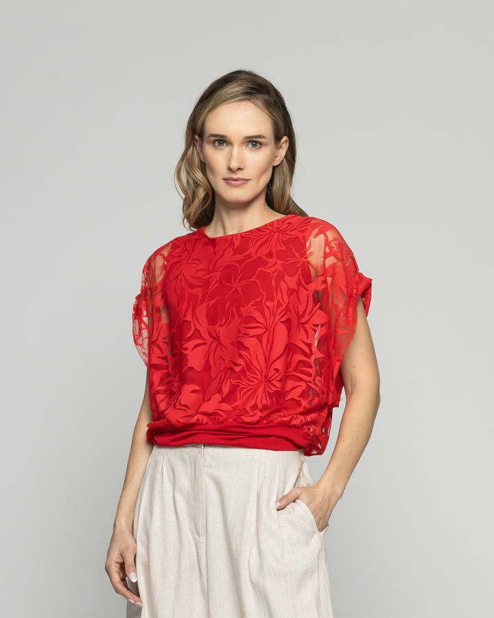 Polera Nigella Manga Caída Encaje Floral Rojo Ludovica