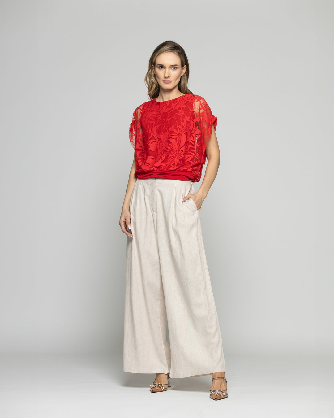 Polera Nigella Manga Caída Encaje Floral Rojo Ludovica