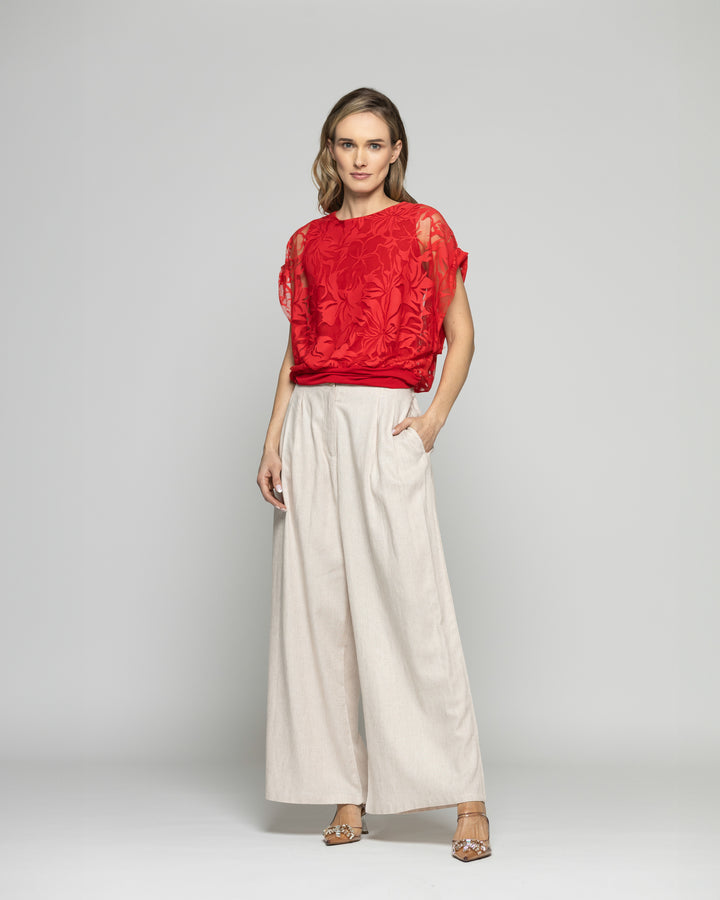 Polera Nigella Manga Caída Encaje Floral Rojo Ludovica