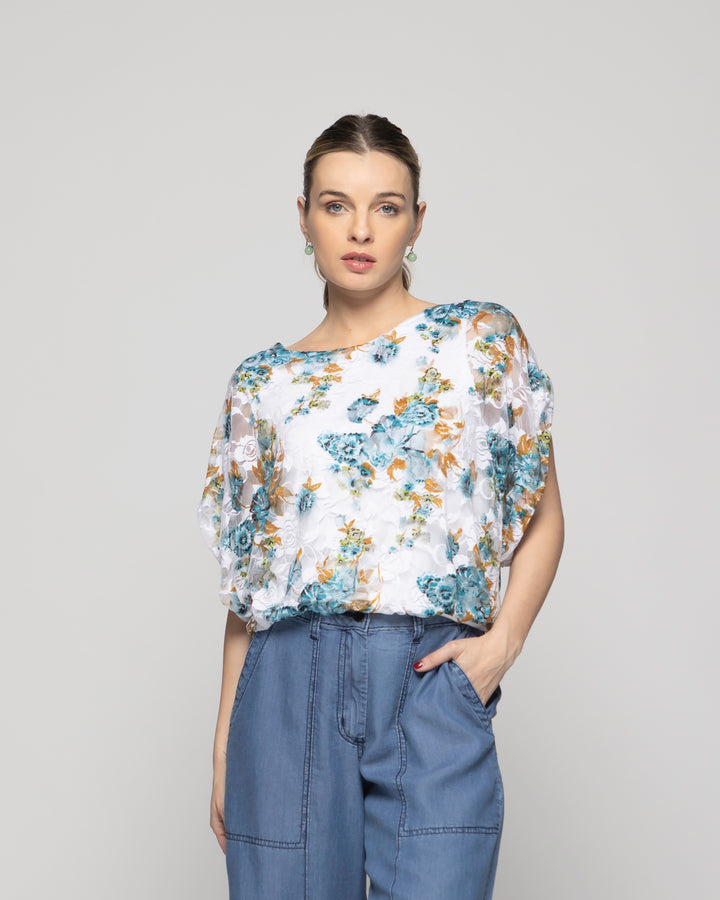 Polera Nigella Manga Caída Encaje Floral Blanco Y Verde Turquesa Ludovica