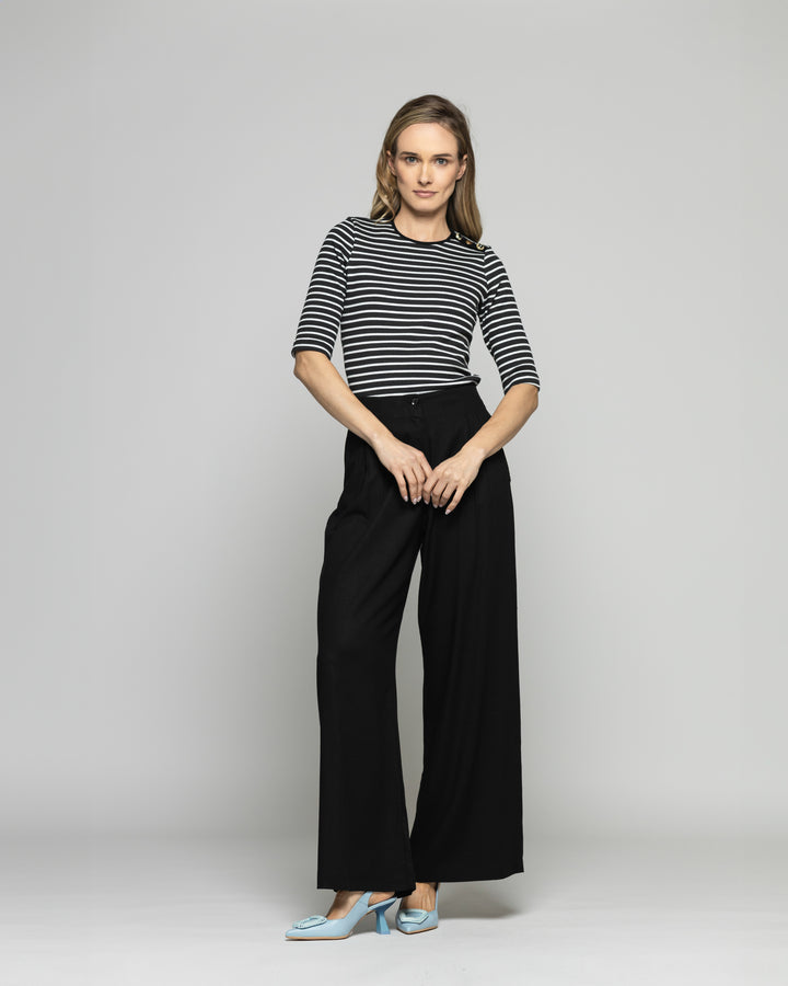 Polera Mujer Orquídea Escote Redondo Manga 3/4 Rayas Blancas Negra