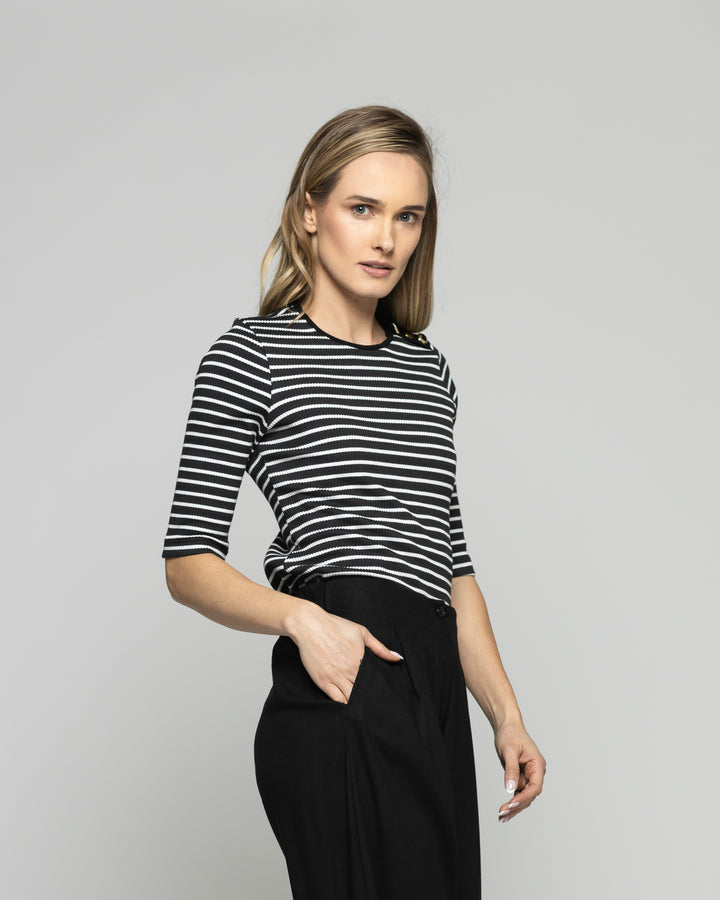 Polera Mujer Orquídea Escote Redondo Manga 3/4 Rayas Blancas Negra