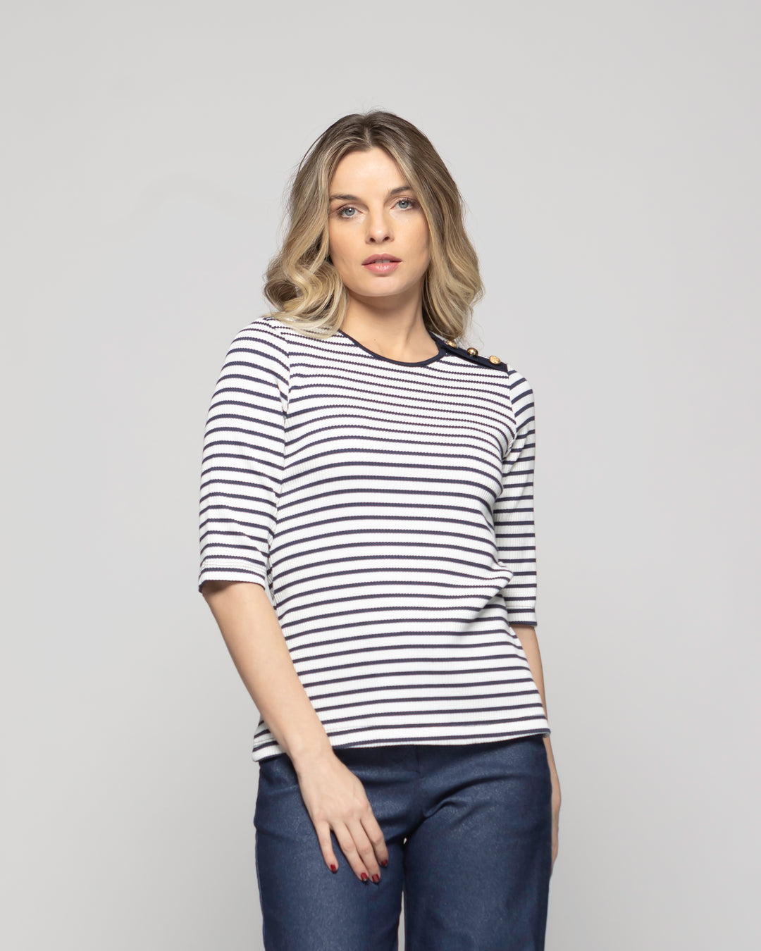 Polera Mujer Orquídea Escote Redondo Manga 3/4 Rayas Azules Blanca