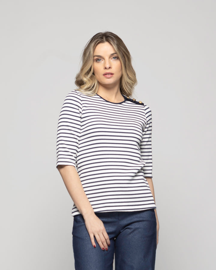Polera Mujer Orquídea Escote Redondo Manga 3/4 Rayas Azules Blanca