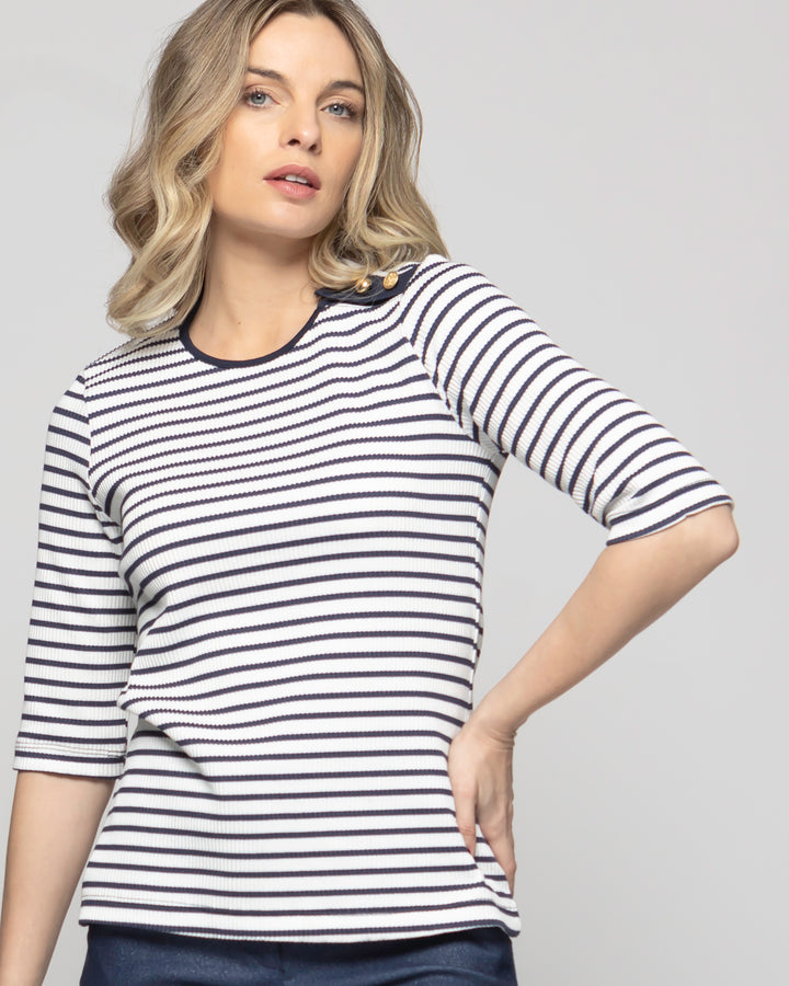 Polera Mujer Orquídea Escote Redondo Manga 3/4 Rayas Azules Blanca