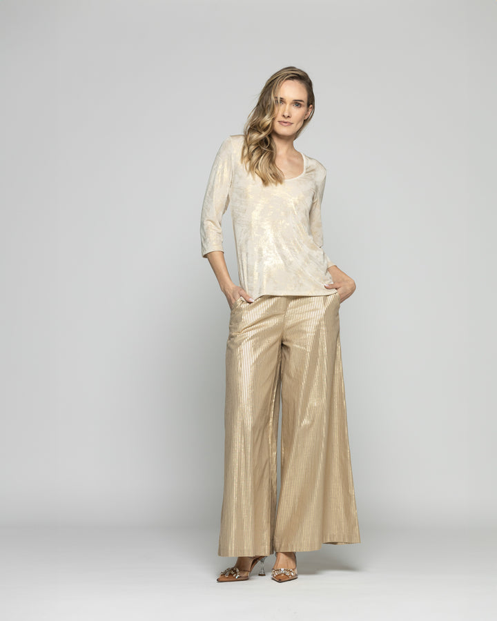 Polera Mujer Petunia Escote Redondo Manga 3/4 Efecto Brillante Beige Ludovica