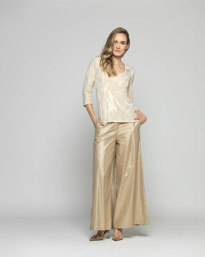 Polera Mujer Petunia Escote Redondo Manga 3/4 Efecto Brillante Beige Ludovica