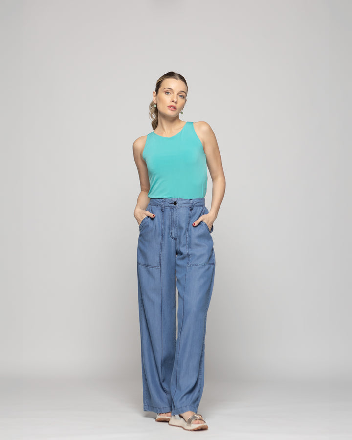 Polera Mujer Pensamiento Cuello Redondo Sin Mangas Ajustada Celeste Agua Ludovica