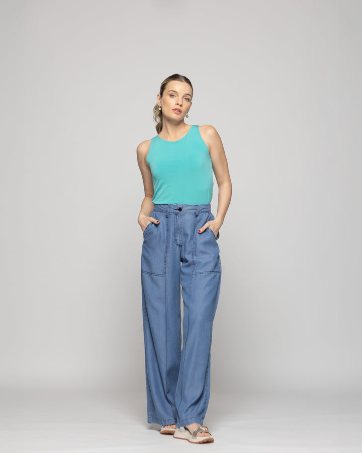 Polera Mujer Pensamiento Cuello Redondo Sin Mangas Ajustada Celeste Agua Ludovica