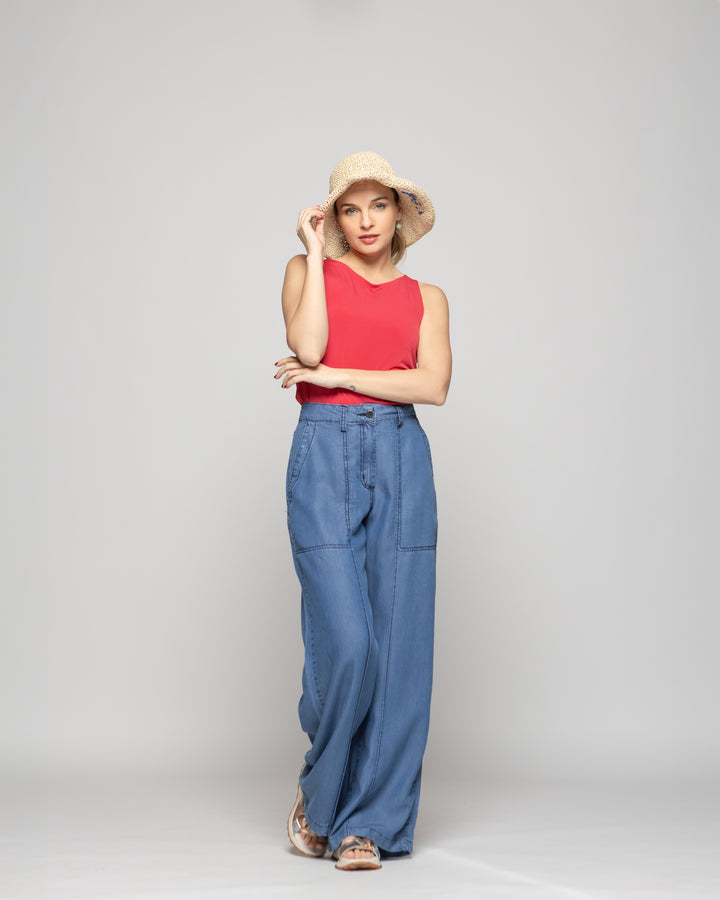 Polera Mujer Pensamiento Cuello Redondo Sin Mangas Ajustada Rojo Frutilla Ludovica