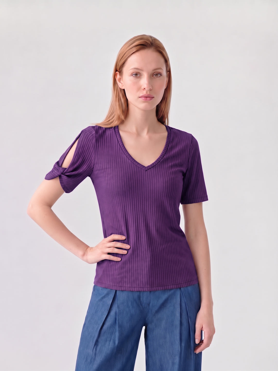 Polera Mujer Michela Manga Abierta Uva Ludovica