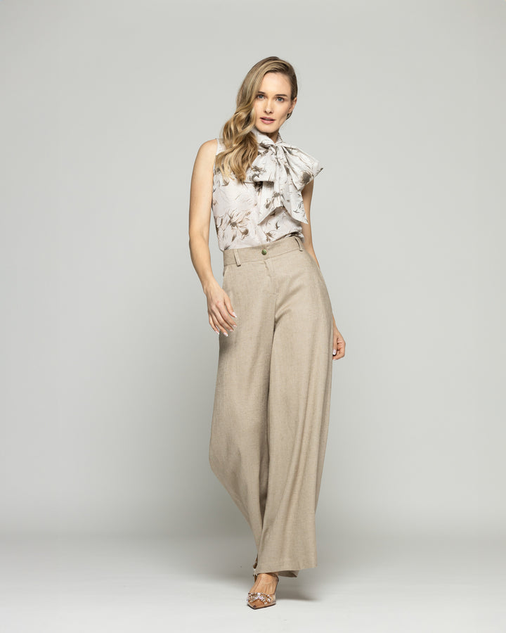 Pantalón Mujer Prímula Palazzo Viscosa Lino Beige Ludovica