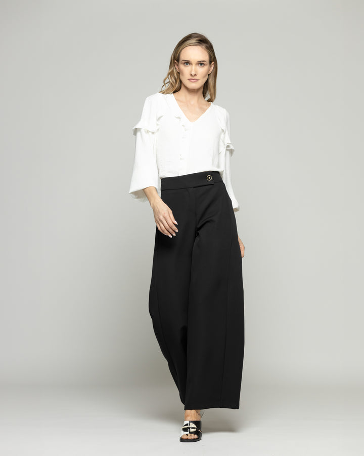 Pantalón Mujer Hibisco Palazzo Pretina Pasada Negro Ludovica