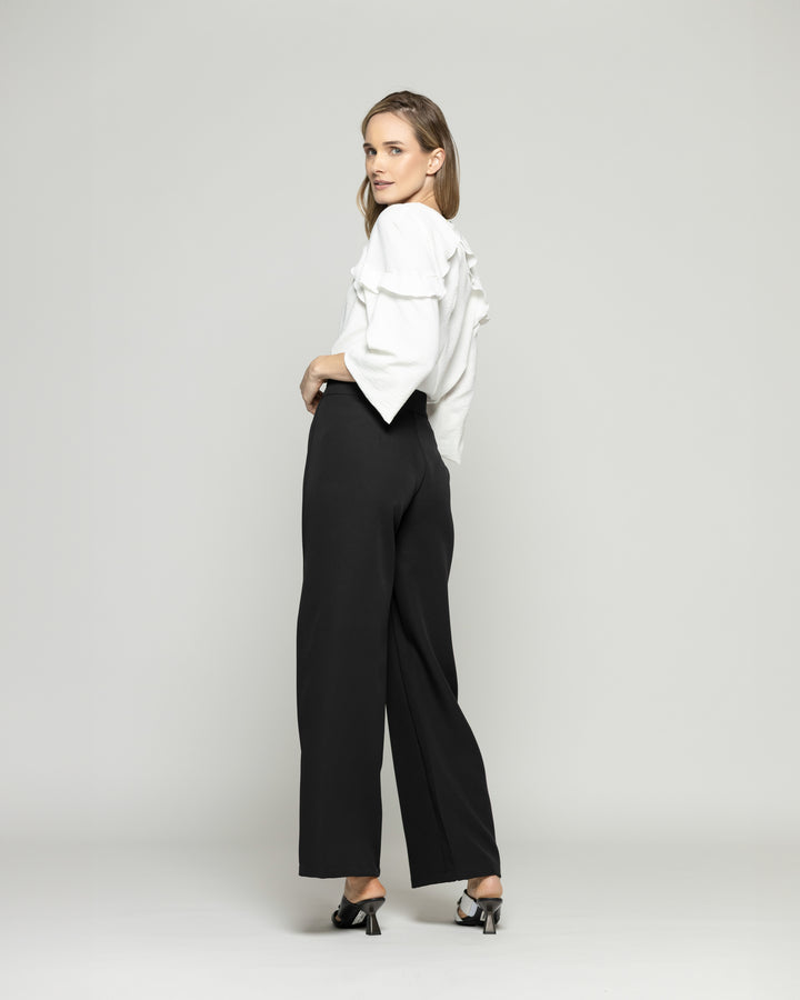 Pantalón Mujer Hibisco Palazzo Pretina Pasada Negro Ludovica