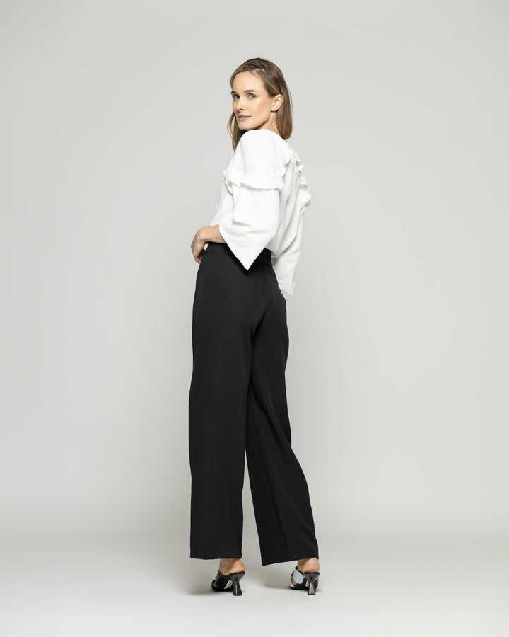 Pantalón Mujer Hibisco Palazzo Pretina Pasada Negro Ludovica