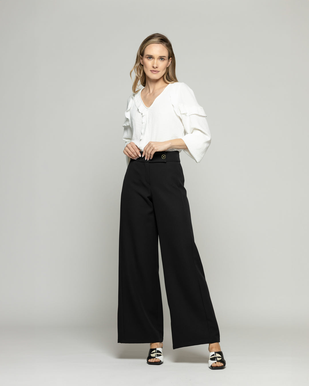 Pantalón Mujer Hibisco Palazzo Pretina Pasada Negro Ludovica