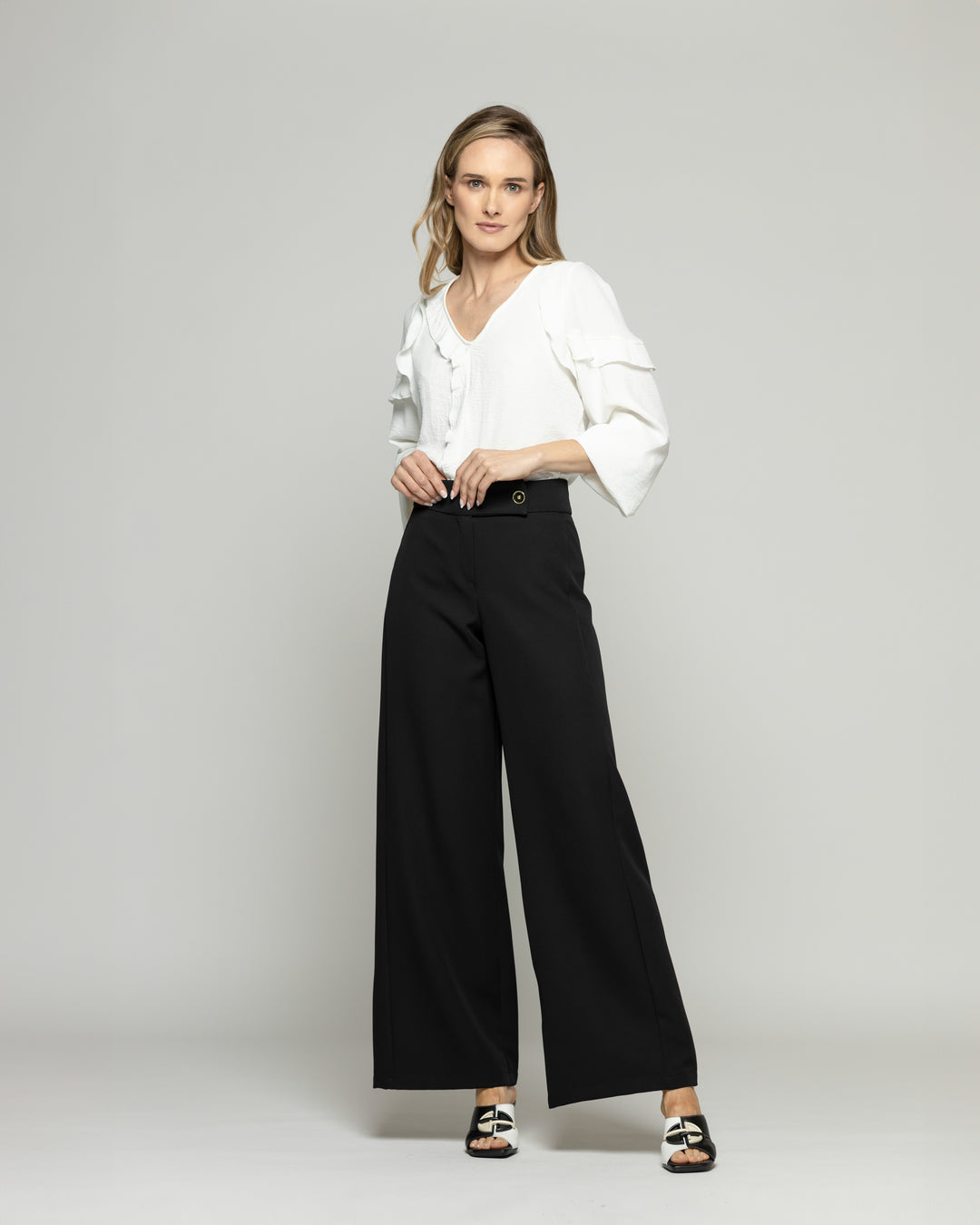 Pantalón Mujer Hibisco Palazzo Pretina Pasada Negro Ludovica