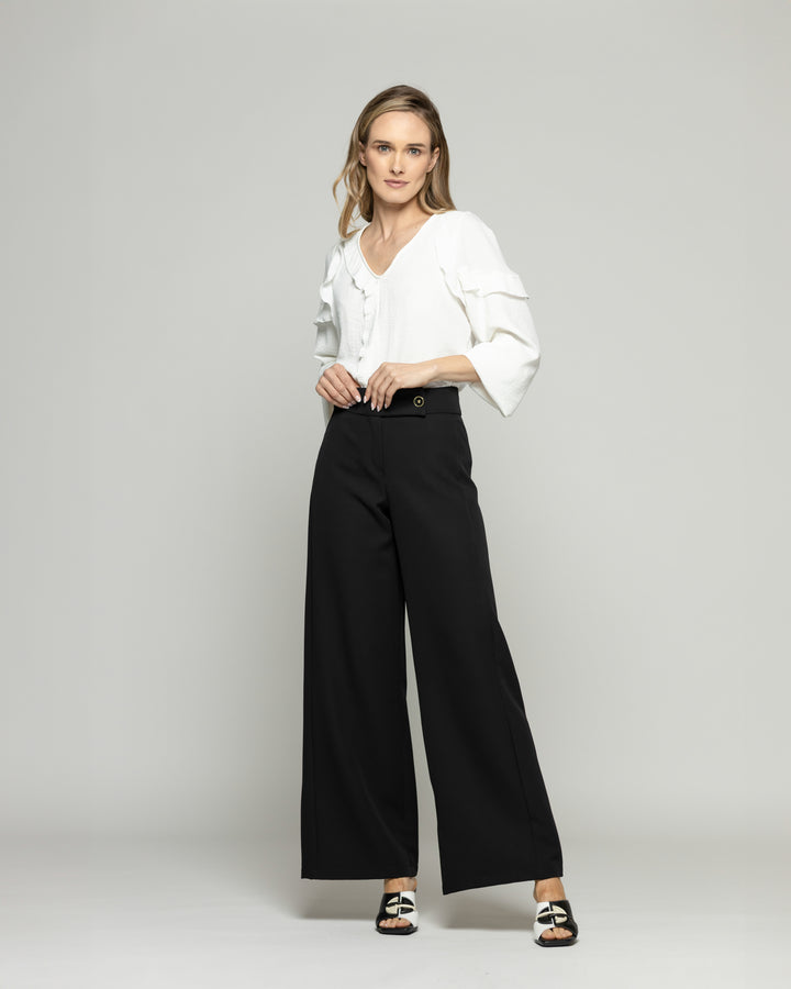 Pantalón Mujer Hibisco Palazzo Pretina Pasada Negro Ludovica