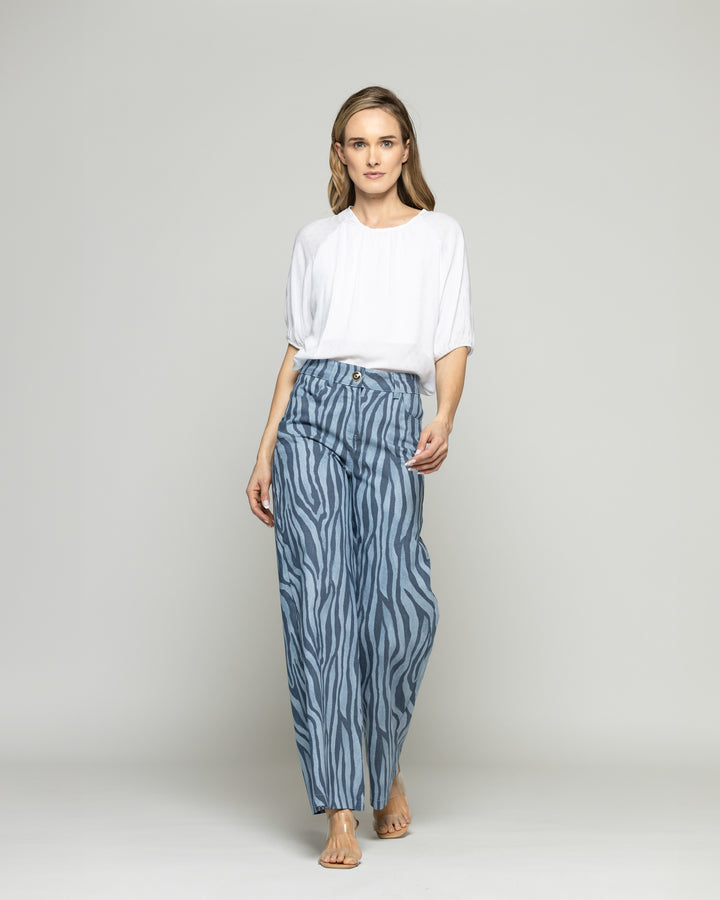 Pantalón Mujer Sakura Palazzo Algodón Estampado Cebra Azul Ludovica