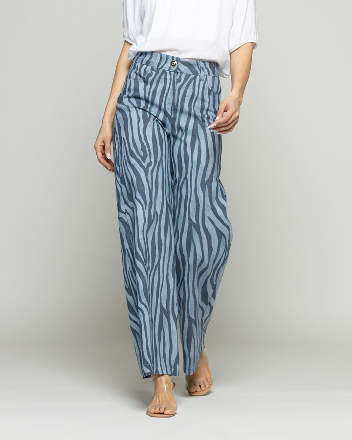 Pantalón Mujer Sakura Palazzo Algodón Estampado Cebra Azul Ludovica