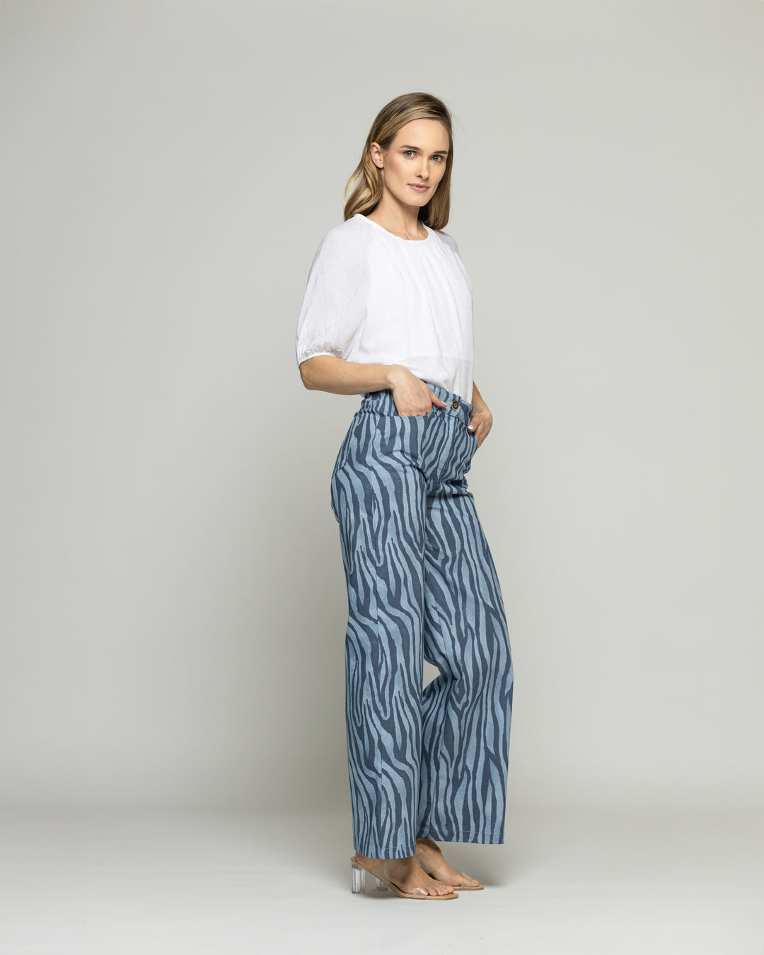 Pantalón Mujer Sakura Palazzo Algodón Estampado Cebra Azul Ludovica