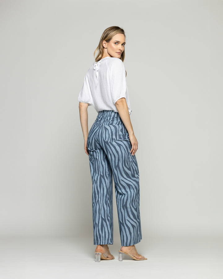 Pantalón Mujer Sakura Palazzo Algodón Estampado Cebra Azul Ludovica