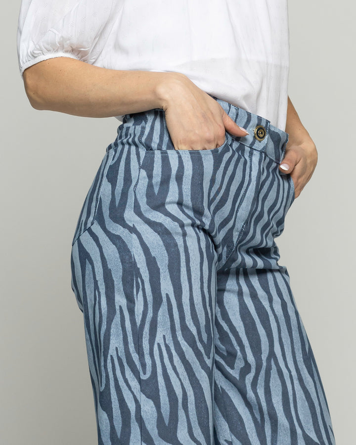 Pantalón Mujer Sakura Palazzo Algodón Estampado Cebra Azul Ludovica